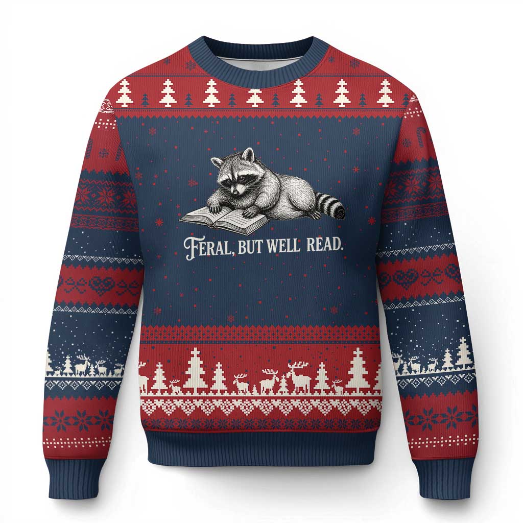 Feral But Well Read Ugly Christmas Sweater Funny Raccoon Reading Book Lover TS14 Navy Red Print Your Wear