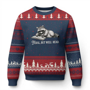 Feral But Well Read Ugly Christmas Sweater Funny Raccoon Reading Book Lover TS14 Navy Red Print Your Wear