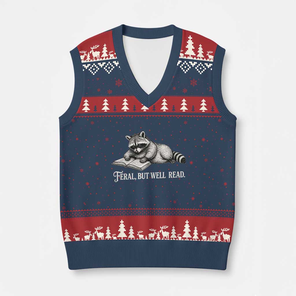 Feral But Well Read V-Neck Knit Sweater Vest Funny Raccoon Reading Book Lover TS14 Navy Red Print Your Wear