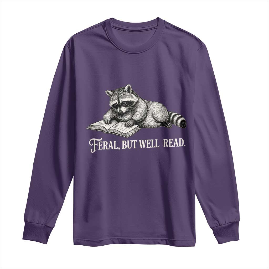 Feral But Well Read Long Sleeve Shirt Funny Raccoon Reading Book Lover TS14 Purple Print Your Wear