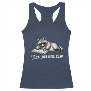 Feral But Well Read Racerback Tank Top Funny Raccoon Reading Book Lover TS14 Navy Print Your Wear
