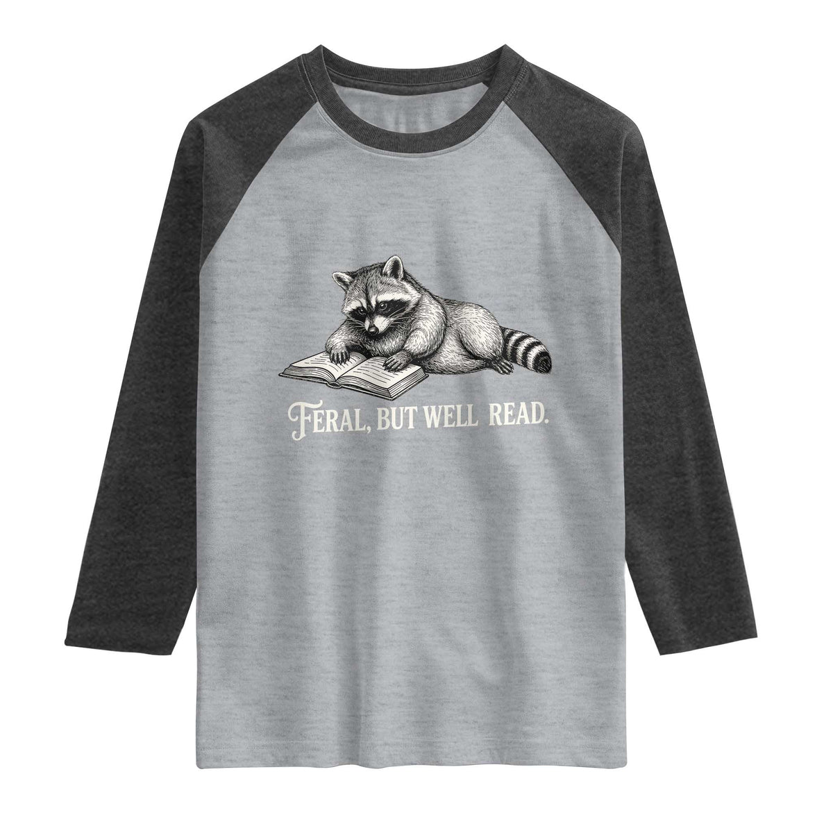 Feral But Well Read Raglan Shirt Funny Raccoon Reading Book Lover TS14 Heather Gray Heather Charcoal Print Your Wear