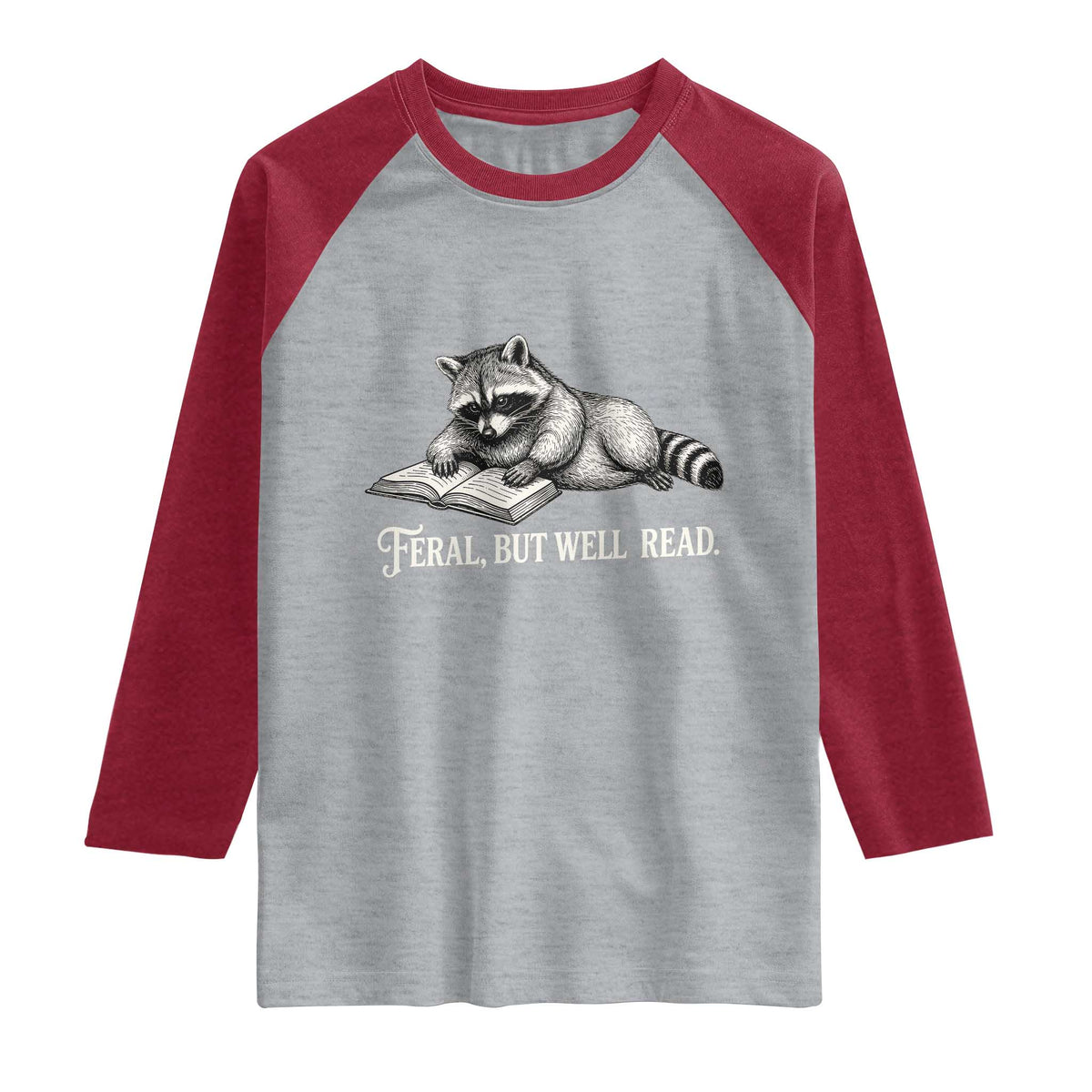 Feral But Well Read Raglan Shirt Funny Raccoon Reading Book Lover TS14 Heather Gray Heather Red Print Your Wear