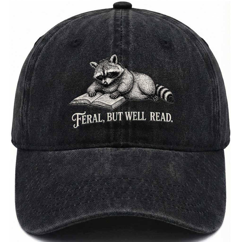 Feral But Well Read Washed Cotton Baseball Cap Funny Raccoon Reading Book Lover TS14 Print Your Wear