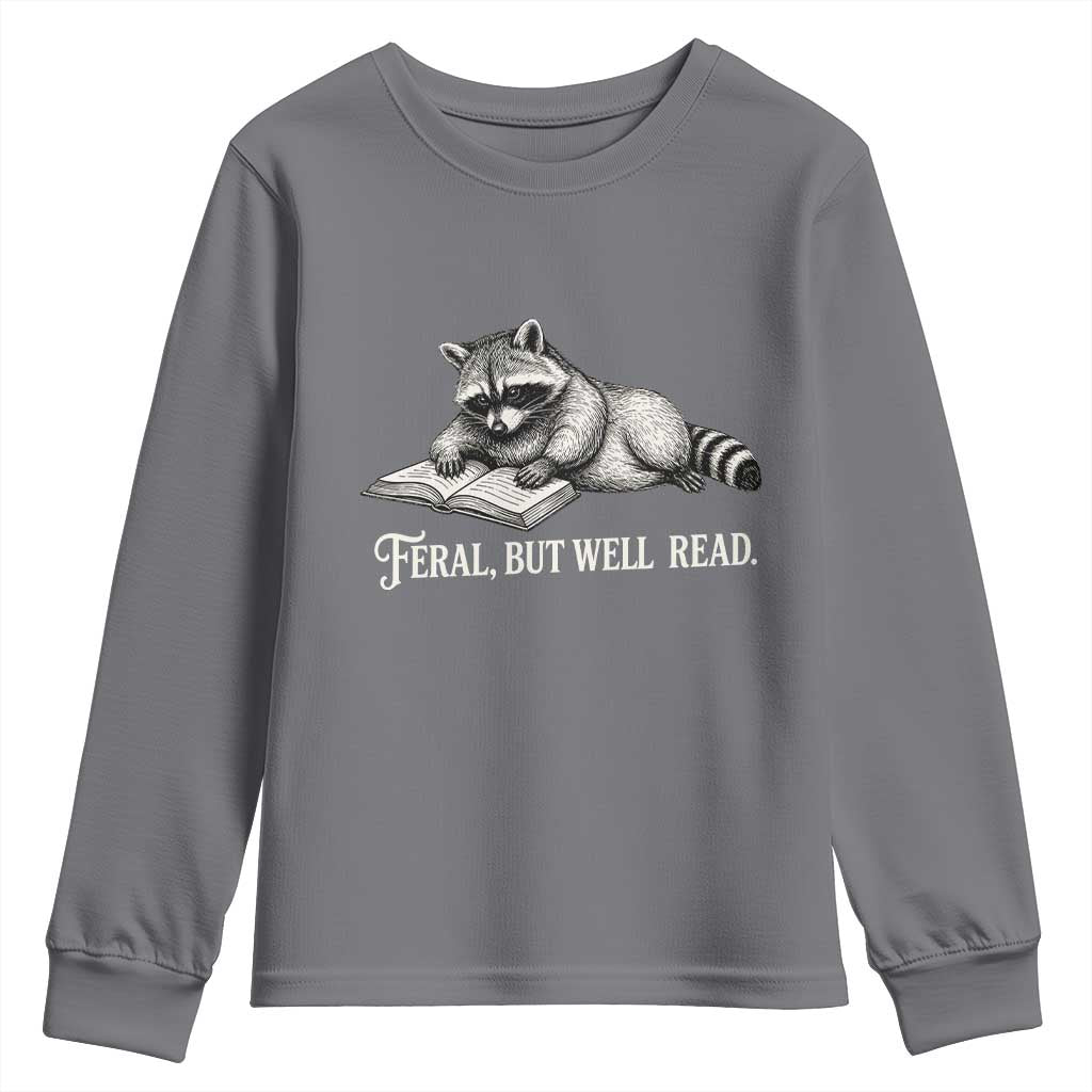 Feral But Well Read Youth Sweatshirt Funny Raccoon Reading Book Lover TS14 Charcoal Print Your Wear