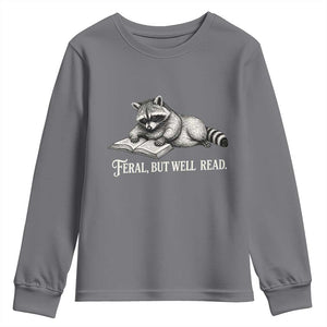 Feral But Well Read Youth Sweatshirt Funny Raccoon Reading Book Lover TS14 Charcoal Print Your Wear