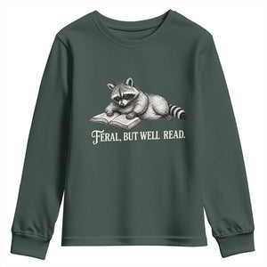 Feral But Well Read Youth Sweatshirt Funny Raccoon Reading Book Lover TS14 Dark Forest Green Print Your Wear