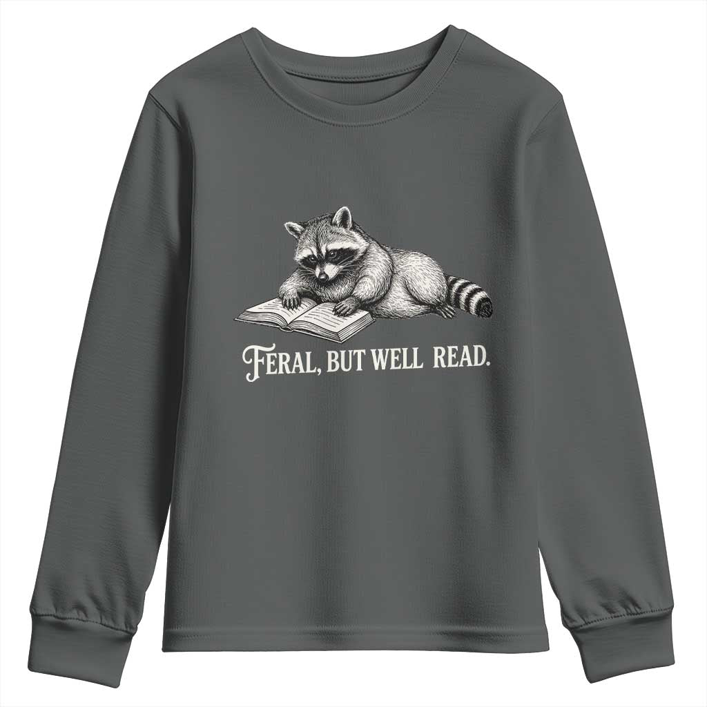 Feral But Well Read Youth Sweatshirt Funny Raccoon Reading Book Lover TS14 Dark Heather Print Your Wear