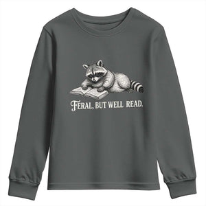 Feral But Well Read Youth Sweatshirt Funny Raccoon Reading Book Lover TS14 Dark Heather Print Your Wear