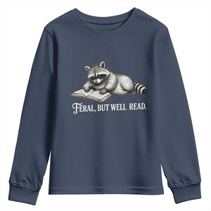 Feral But Well Read Youth Sweatshirt Funny Raccoon Reading Book Lover TS14 Navy Print Your Wear