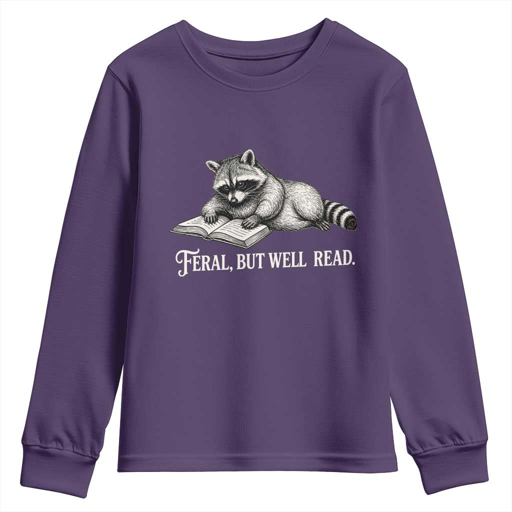 Feral But Well Read Youth Sweatshirt Funny Raccoon Reading Book Lover TS14 Purple Print Your Wear