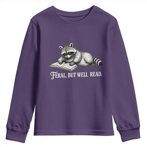 Feral But Well Read Youth Sweatshirt Funny Raccoon Reading Book Lover TS14 Purple Print Your Wear