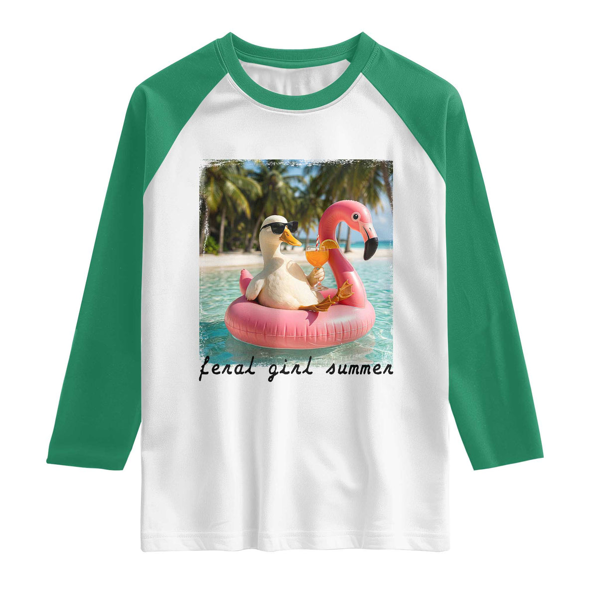 Feral Girl Summer Raglan Shirt Silly Goose Summer Beach Meme TS14 White Kelly Green Print Your Wear