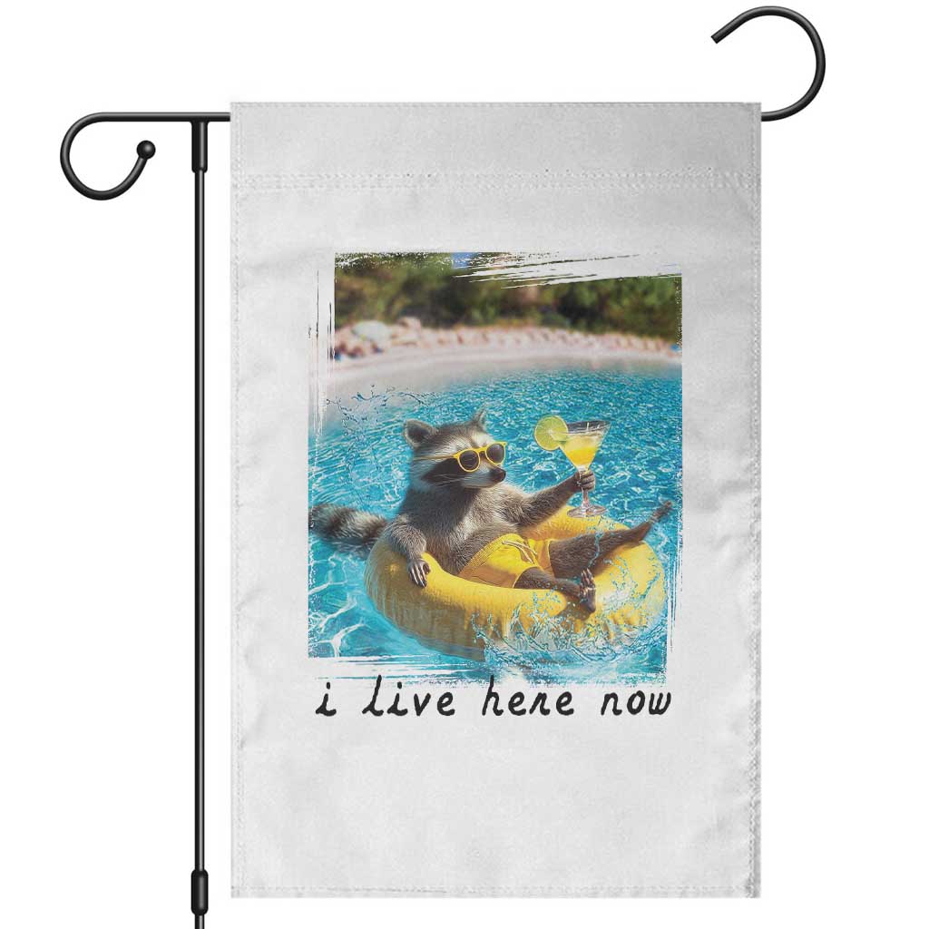 I Live Here Now Raccoon Garden Flag Funny Summer Vacation Meme TS14 White Print Your Wear