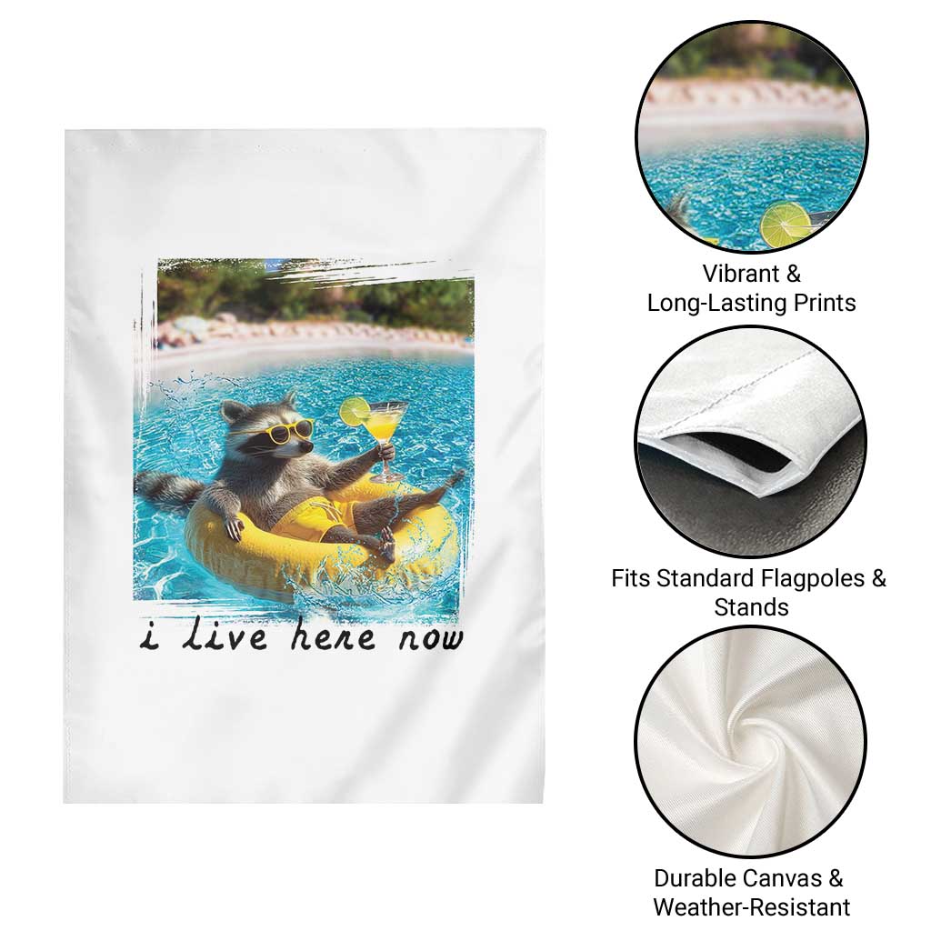 I Live Here Now Raccoon Garden Flag Funny Summer Vacation Meme TS14 Print Your Wear