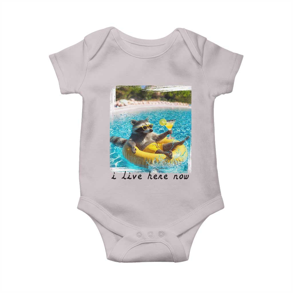 I Live Here Now Raccoon Baby Onesie Funny Summer Vacation Meme TS14 Ice Gray Print Your Wear