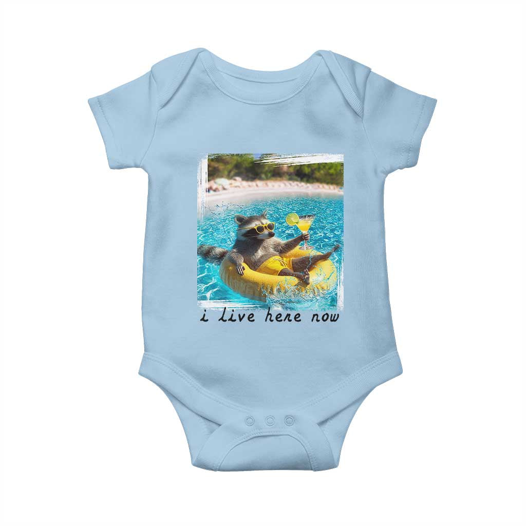 I Live Here Now Raccoon Baby Onesie Funny Summer Vacation Meme TS14 Light Blue Print Your Wear