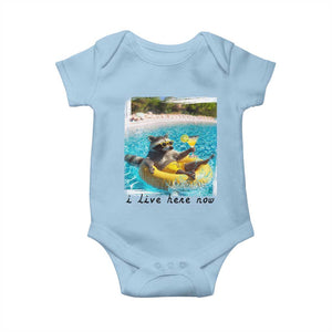 I Live Here Now Raccoon Baby Onesie Funny Summer Vacation Meme TS14 Light Blue Print Your Wear