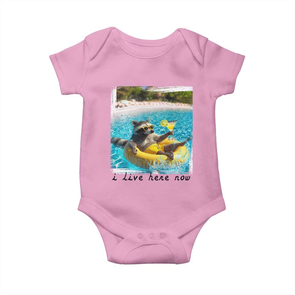 I Live Here Now Raccoon Baby Onesie Funny Summer Vacation Meme TS14 Light Pink Print Your Wear