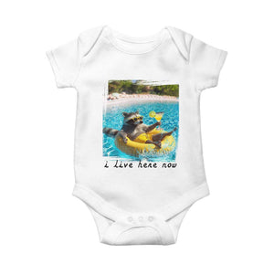 I Live Here Now Raccoon Baby Onesie Funny Summer Vacation Meme TS14 White Print Your Wear