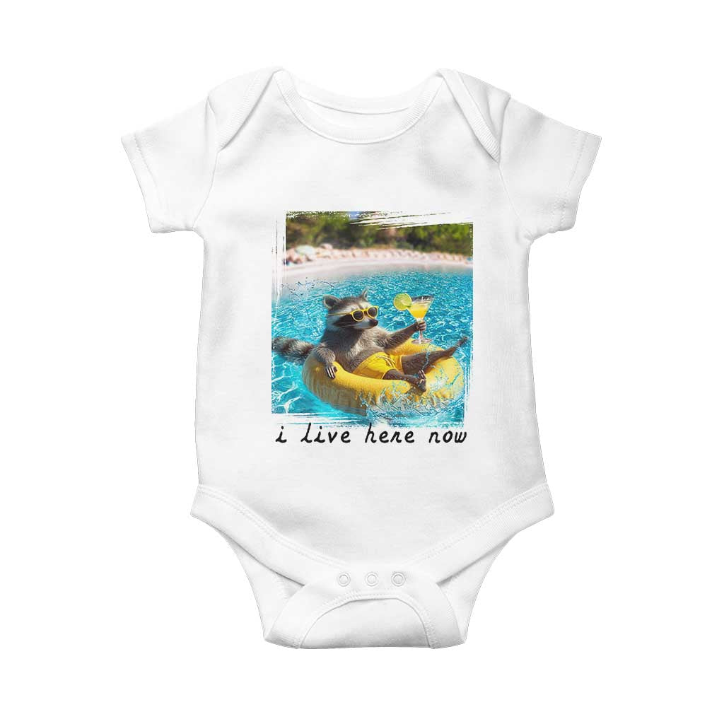I Live Here Now Raccoon Baby Onesie Funny Summer Vacation Meme TS14 White Print Your Wear