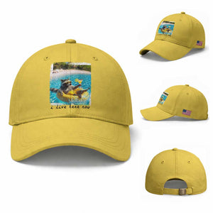 I Live Here Now Raccoon Baseball Cap Funny Summer Vacation Meme TS14 Baseball Cap Universal Fit Yellow Print Your Wear