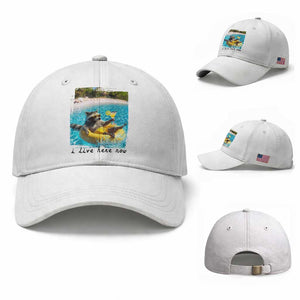 I Live Here Now Raccoon Baseball Cap Funny Summer Vacation Meme TS14 Baseball Cap Universal Fit White Print Your Wear