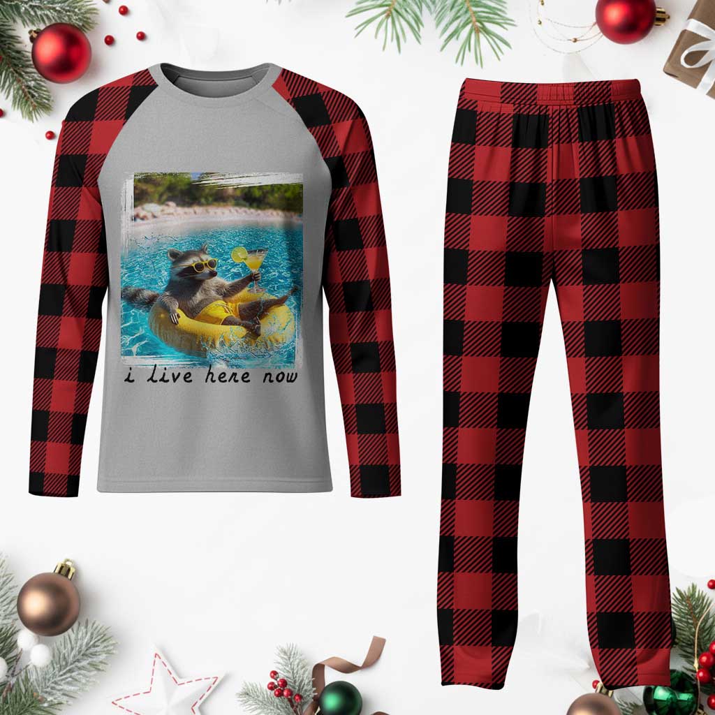 I Live Here Now Raccoon Plaid Pajama Set Funny Summer Vacation Meme TS14 Buffalo Plaid Print Your Wear