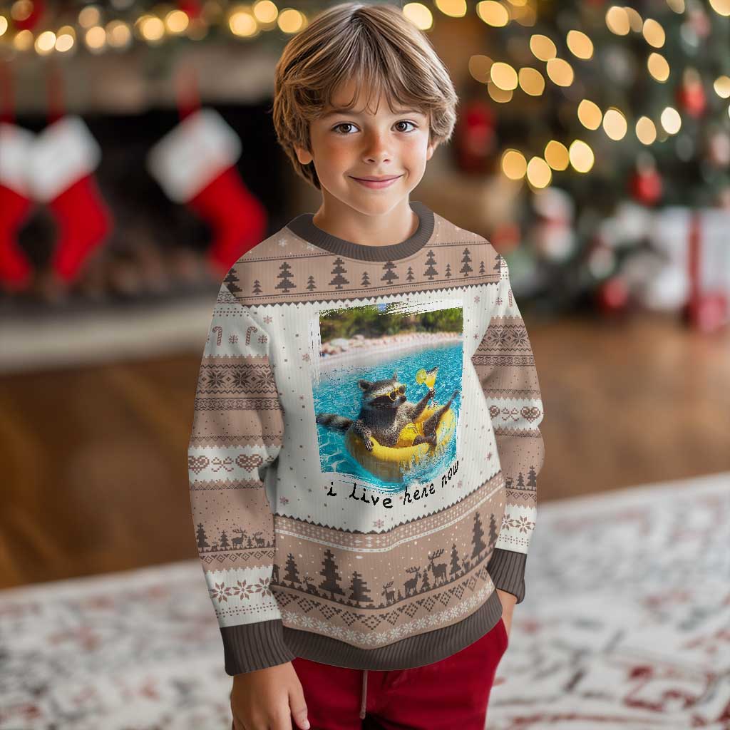 I Live Here Now Raccoon Ugly Christmas Sweater Funny Summer Vacation Meme TS14 Mocha Mousse Print Your Wear