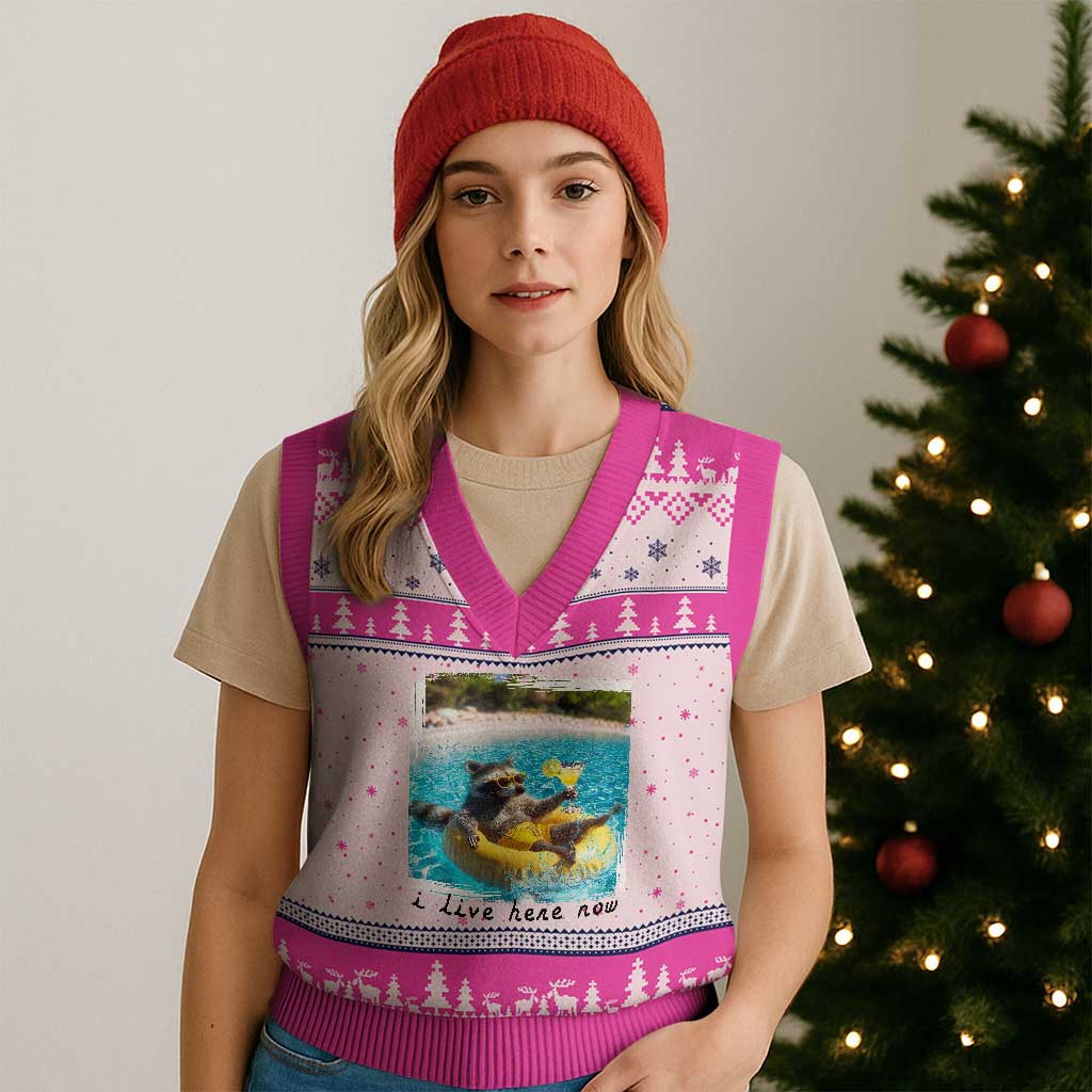 I Live Here Now Raccoon V-Neck Knit Sweater Vest Funny Summer Vacation Meme TS14 Hot Pink Print Your Wear