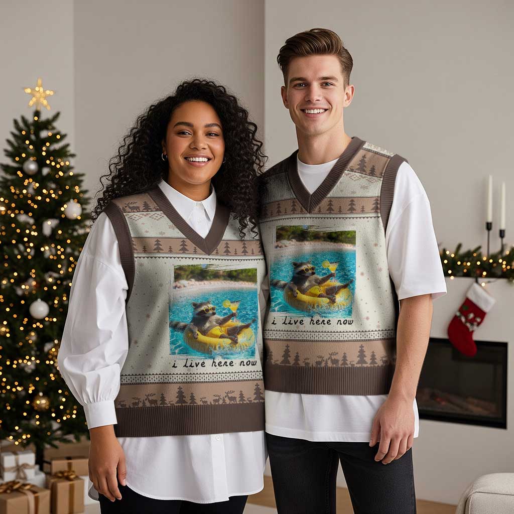 I Live Here Now Raccoon V-Neck Knit Sweater Vest Funny Summer Vacation Meme TS14 Mocha Mousse Print Your Wear