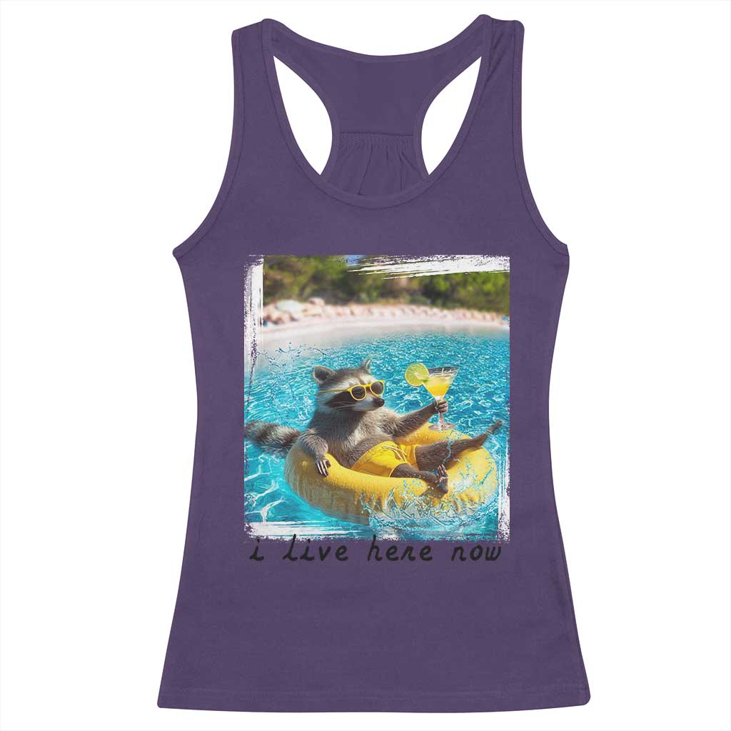 I Live Here Now Raccoon Racerback Tank Top Funny Summer Vacation Meme TS14 Purple Print Your Wear