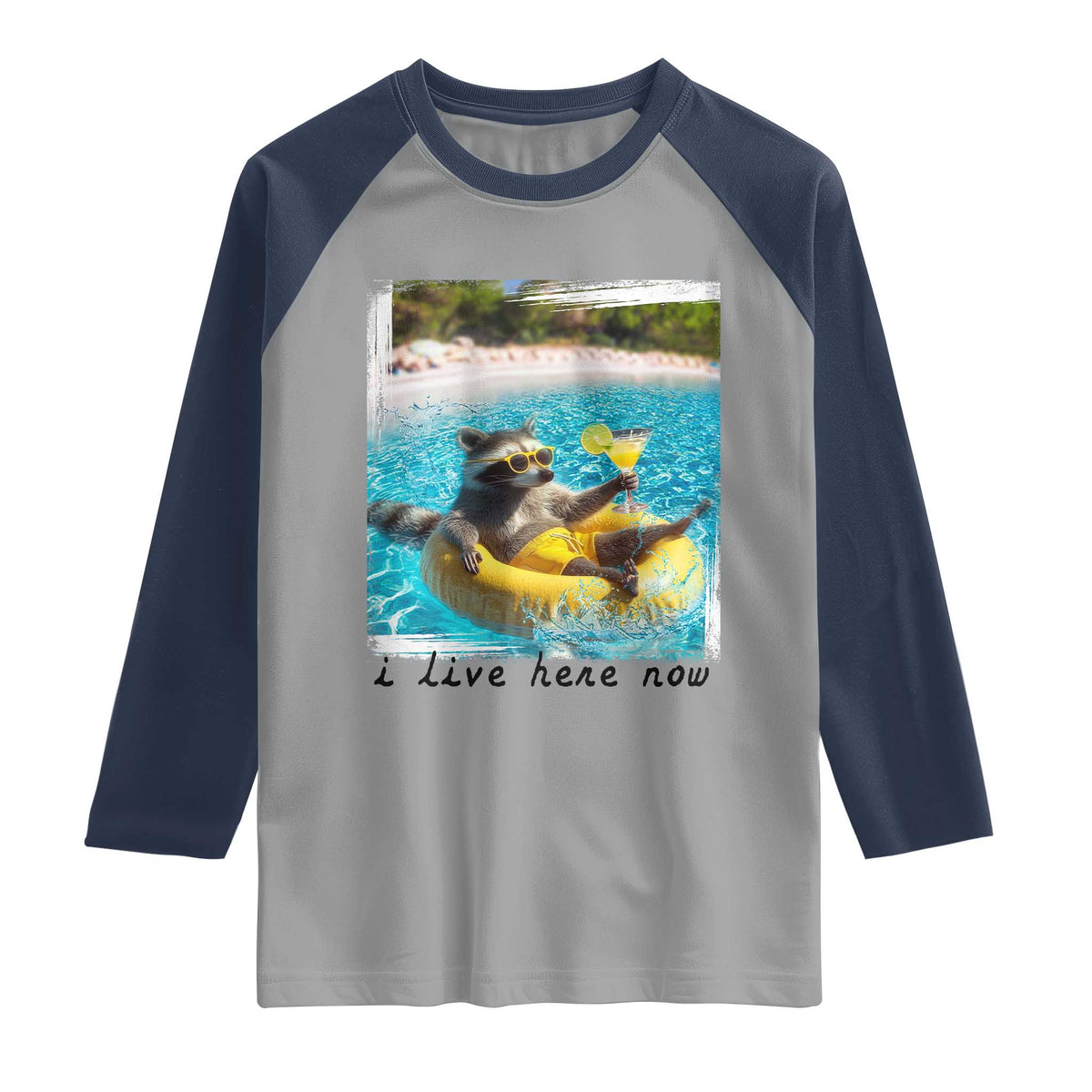 I Live Here Now Raccoon Raglan Shirt Funny Summer Vacation Meme TS14 Sport Gray Navy Print Your Wear
