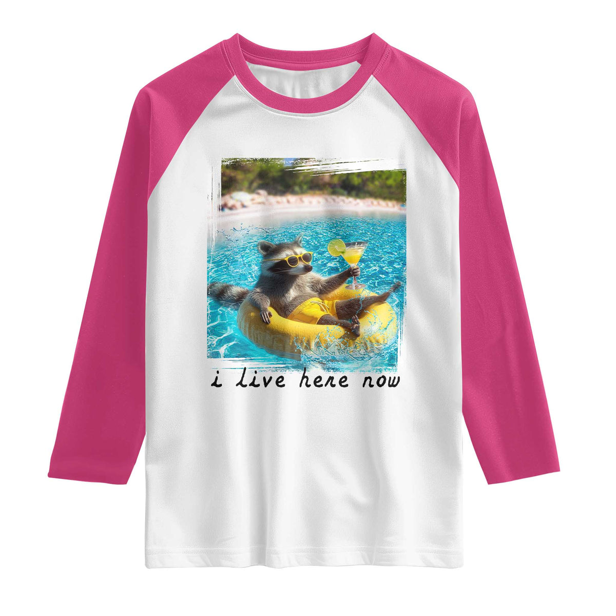 I Live Here Now Raccoon Raglan Shirt Funny Summer Vacation Meme TS14 White Heliconia Print Your Wear