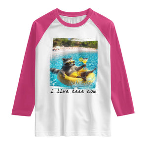 I Live Here Now Raccoon Raglan Shirt Funny Summer Vacation Meme TS14 White Heliconia Print Your Wear