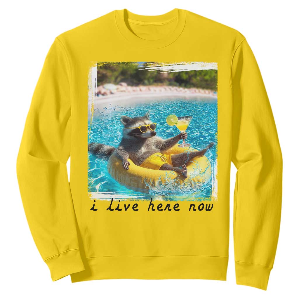 I Live Here Now Raccoon Sweatshirt Funny Summer Vacation Meme TS14 Daisy Print Your Wear