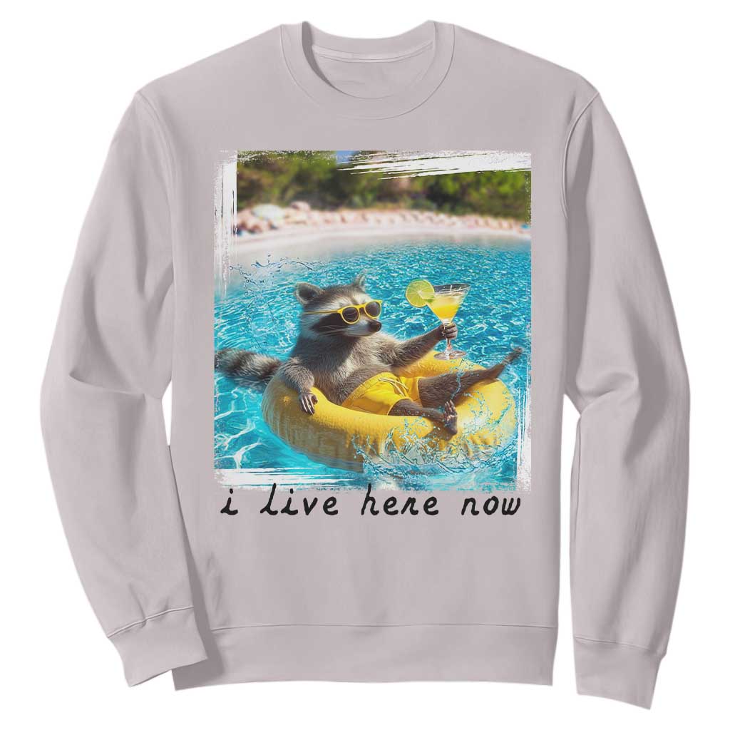 I Live Here Now Raccoon Sweatshirt Funny Summer Vacation Meme TS14 Ice Gray Print Your Wear