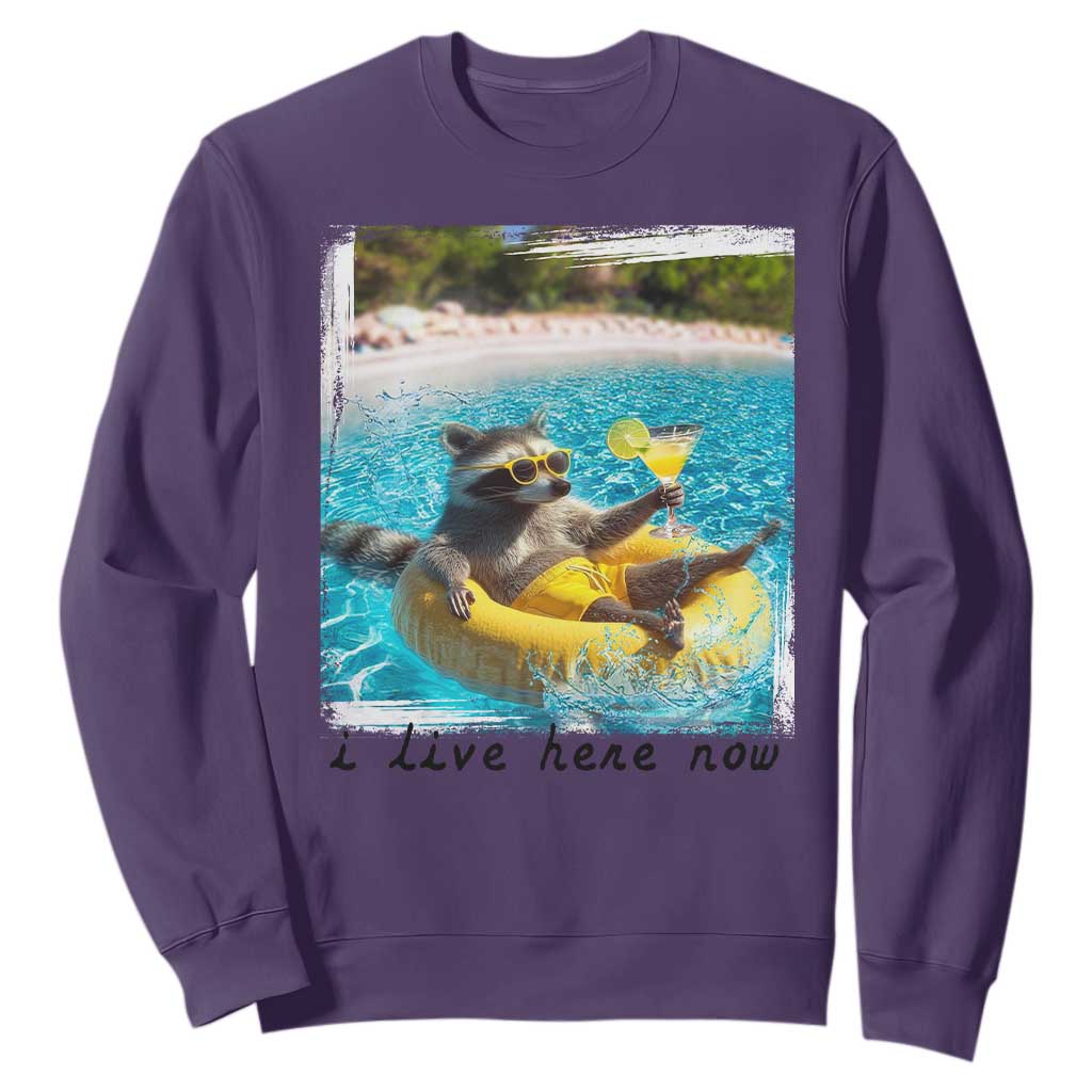 I Live Here Now Raccoon Sweatshirt Funny Summer Vacation Meme TS14 Purple Print Your Wear