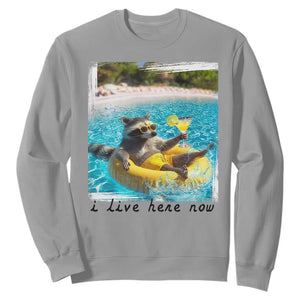 I Live Here Now Raccoon Sweatshirt Funny Summer Vacation Meme TS14 Sport Gray Print Your Wear