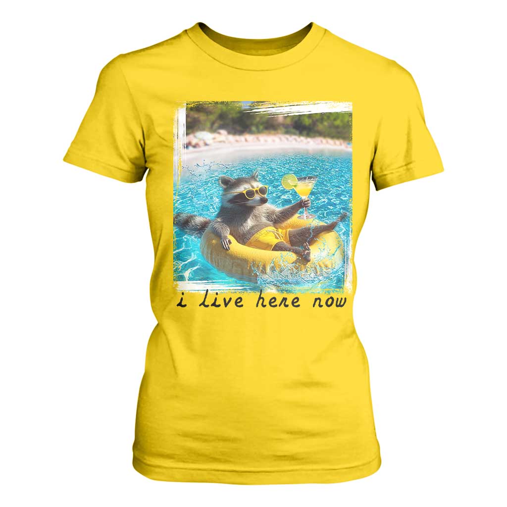 I Live Here Now Raccoon T Shirt For Women Funny Summer Vacation Meme TS14 Daisy Print Your Wear