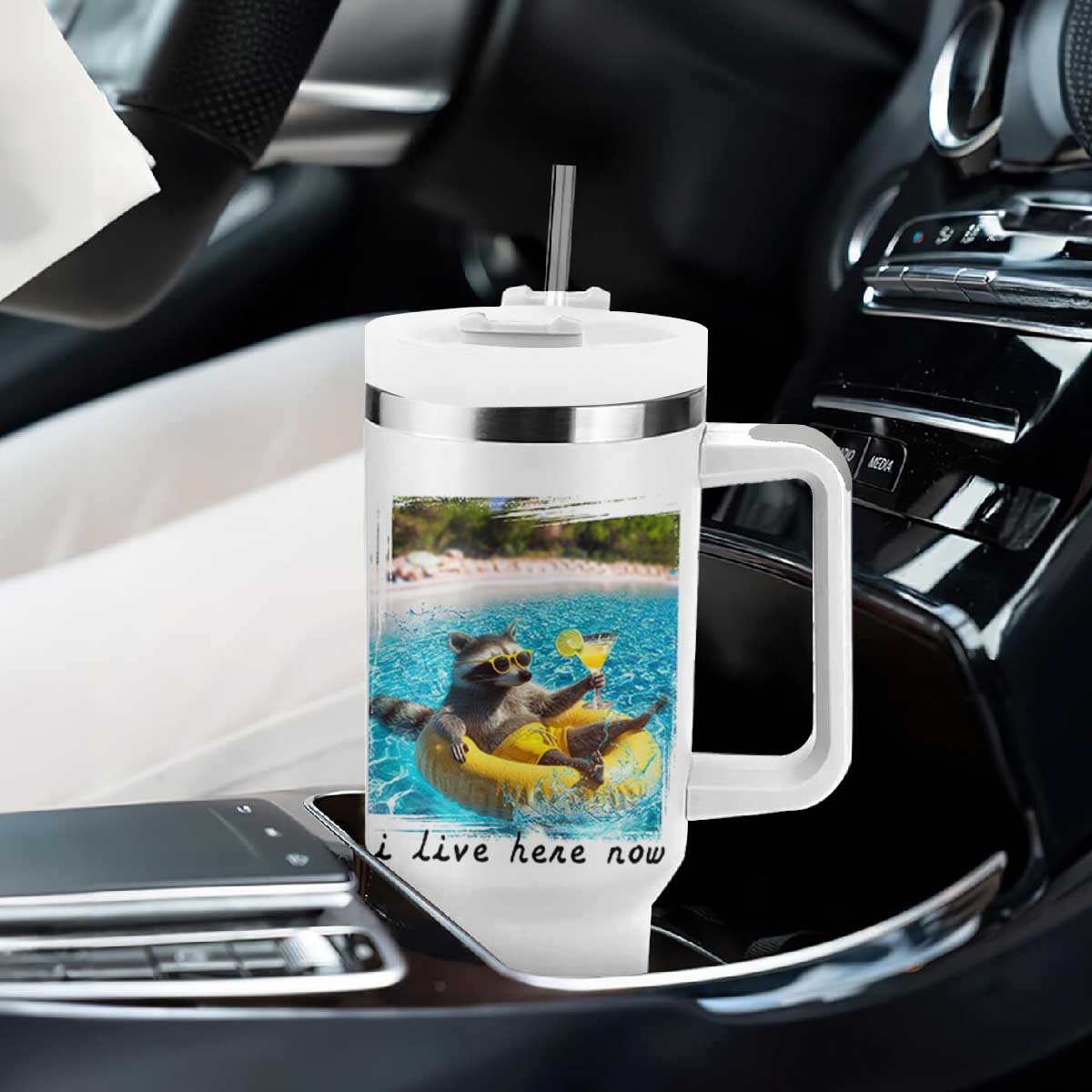 I Live Here Now Raccoon Tumbler With Handle Funny Summer Vacation Meme TS14 Print Your Wear