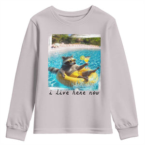 I Live Here Now Raccoon Youth Sweatshirt Funny Summer Vacation Meme TS14 Ice Gray Print Your Wear