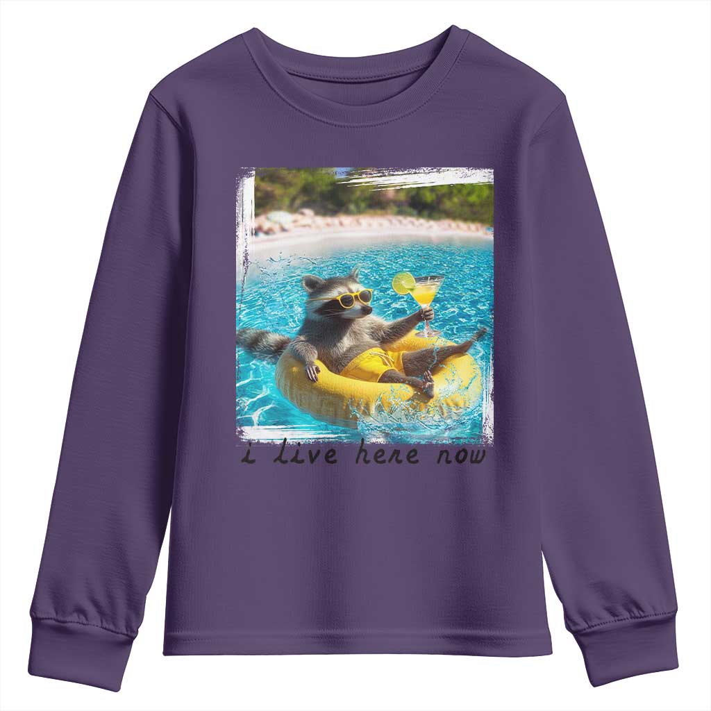 I Live Here Now Raccoon Youth Sweatshirt Funny Summer Vacation Meme TS14 Purple Print Your Wear