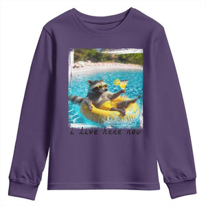 I Live Here Now Raccoon Youth Sweatshirt Funny Summer Vacation Meme TS14 Purple Print Your Wear