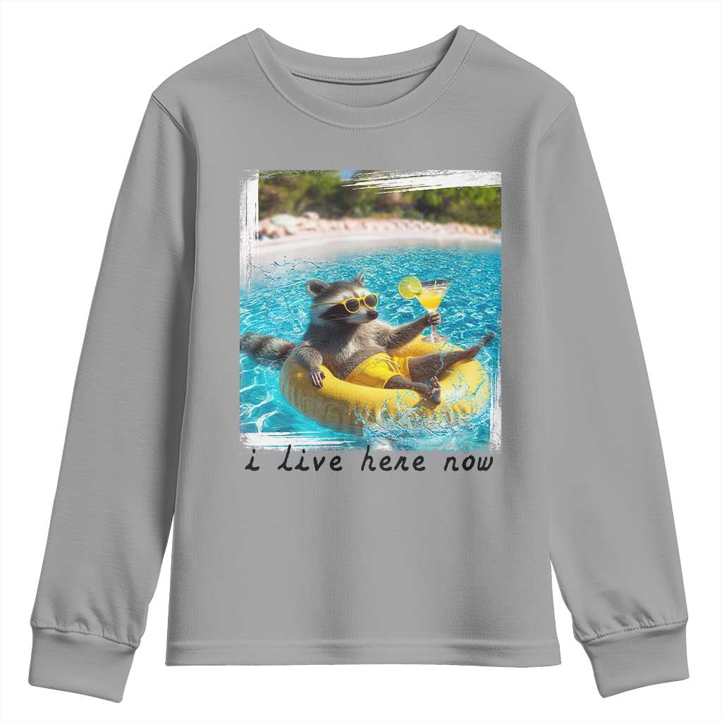 I Live Here Now Raccoon Youth Sweatshirt Funny Summer Vacation Meme TS14 Sport Gray Print Your Wear