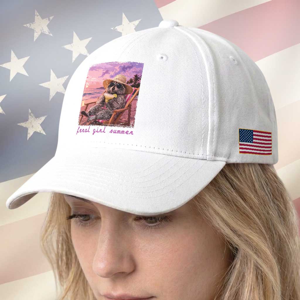 Feral Girl Summer Baseball Cap Funny Raccoon Summer Beach Meme TS14 Print Your Wear