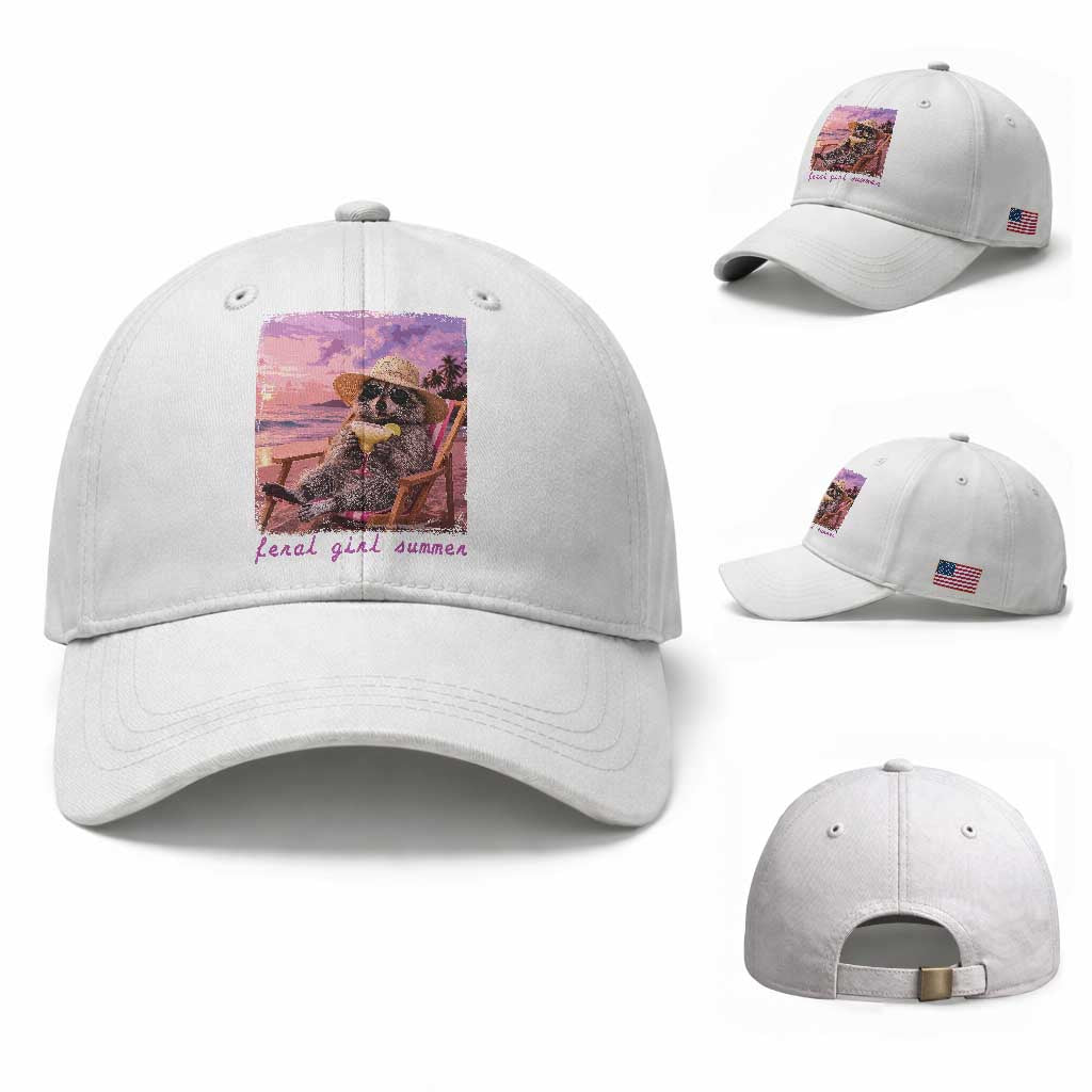 Feral Girl Summer Baseball Cap Funny Raccoon Summer Beach Meme TS14 Baseball Cap Universal Fit White Print Your Wear