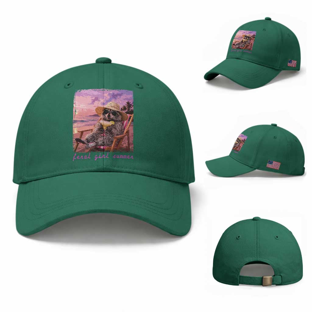 Feral Girl Summer Baseball Cap Funny Raccoon Summer Beach Meme TS14 Baseball Cap Universal Fit Irish Green Print Your Wear