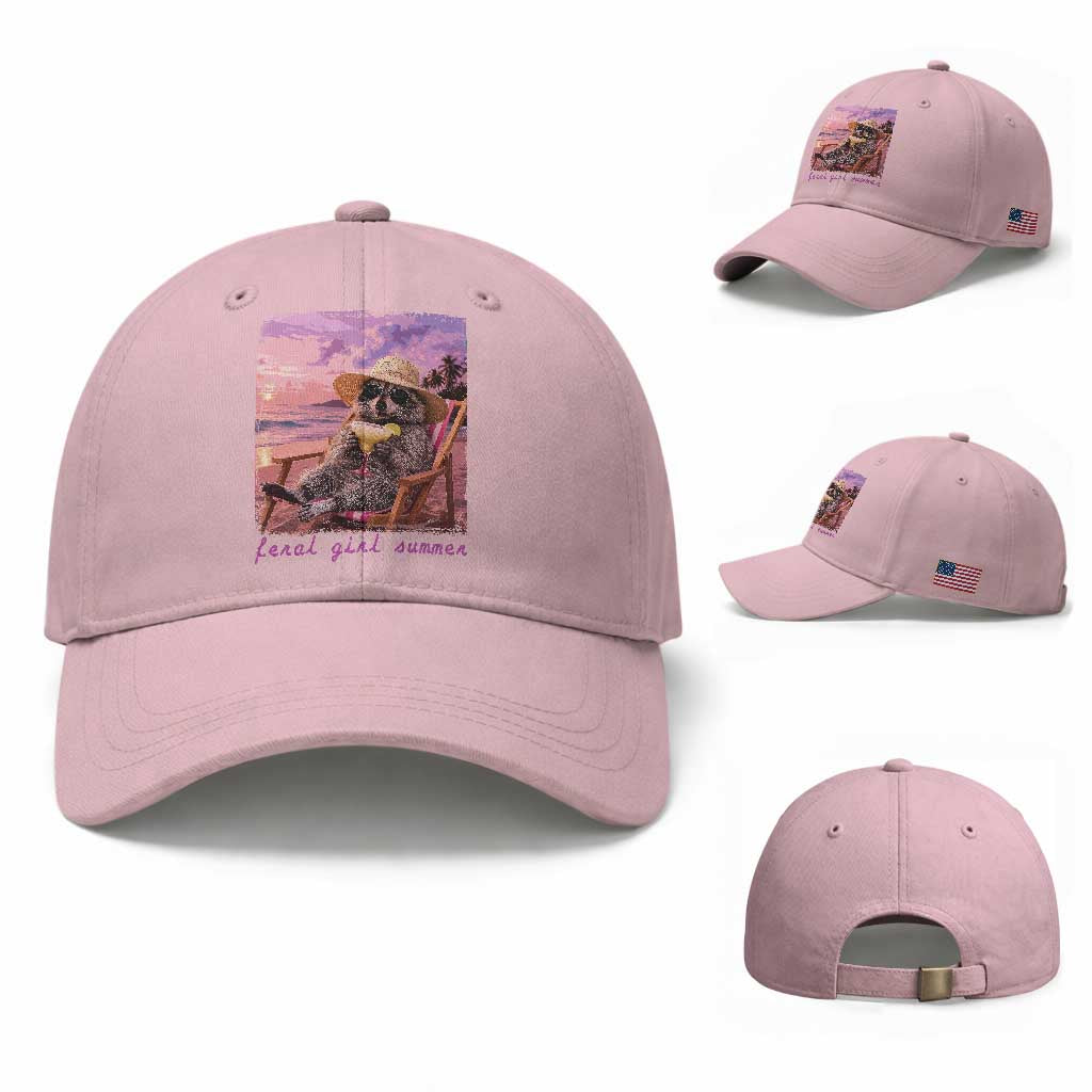 Feral Girl Summer Baseball Cap Funny Raccoon Summer Beach Meme TS14 Baseball Cap Universal Fit Light Pink Print Your Wear