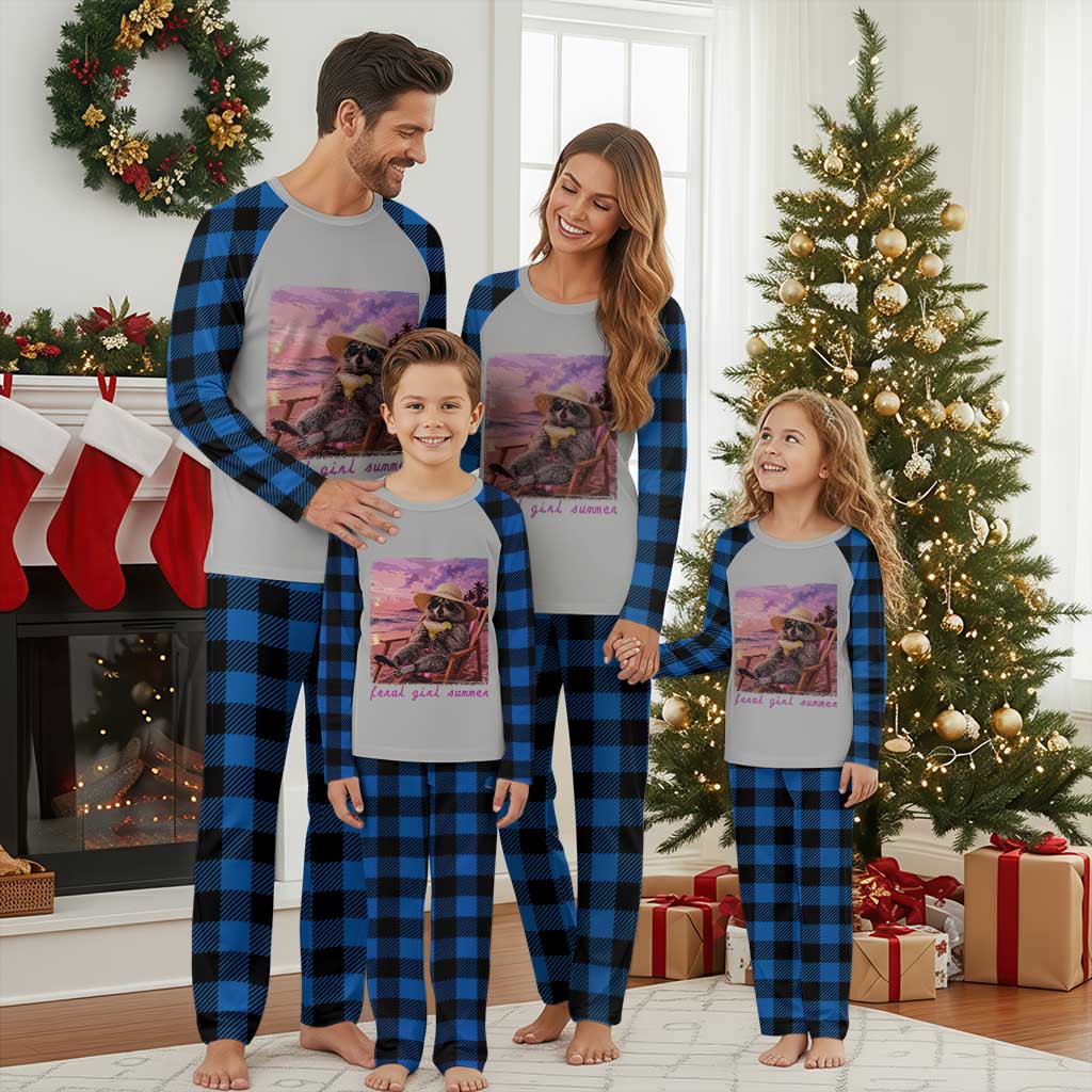 Feral Girl Summer Plaid Pajama Set Funny Raccoon Summer Beach Meme TS14 Blue Plaid Print Your Wear